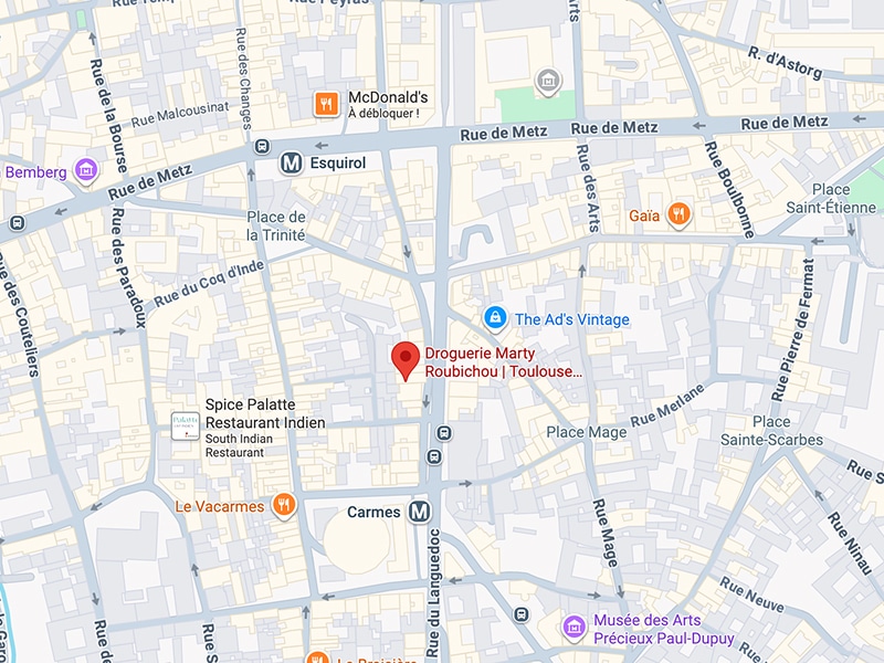 Carte Toulouse : Droguerie Marty Roubichou, Métro Esquirol Carte de Toulouse centrée sur la Droguerie Marty Roubichou, près du métro Esquirol et Carmes, avec rues Métz, Mage, Arts.