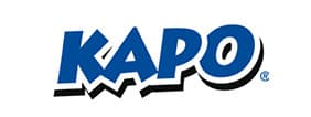 Logo KAPO Bleu : Marque Déposée Distinctive Logo KAPO bleu en lettres capitales stylisées avec une base noire en zigzag et un symbole de marque déposée.