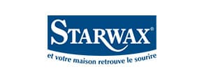 Logo STARWAX : Produits d'entretien pour la maison Logo STARWAX bleu et blanc, avec le slogan "et votre maison retrouve le sourire".